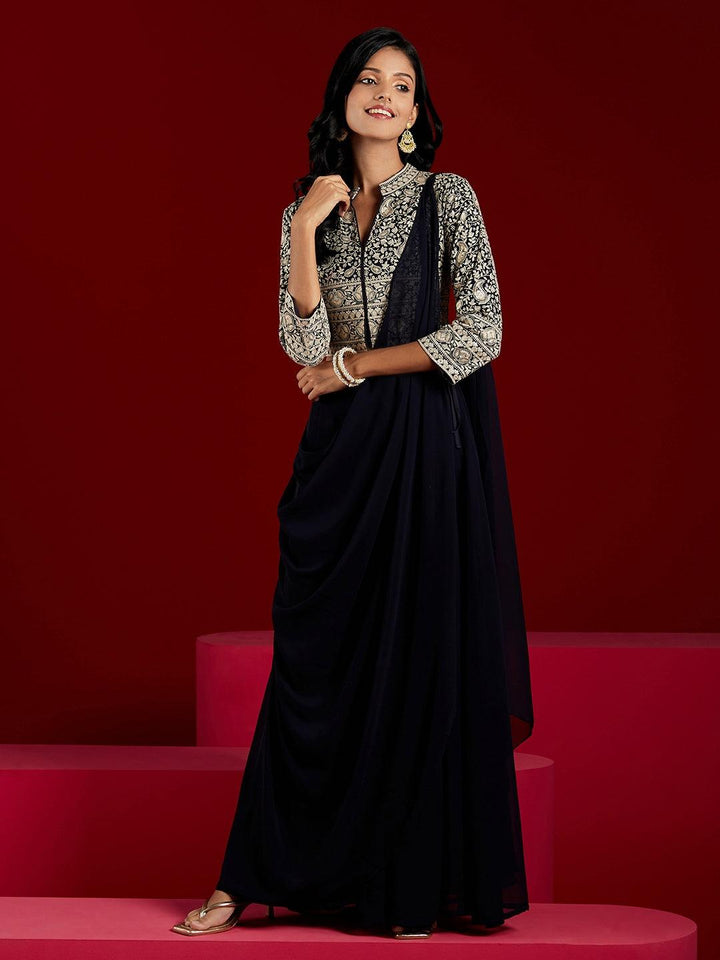 Libas Art Navy Blue Embellished Georgette Top With Palazzos - ShopLibas