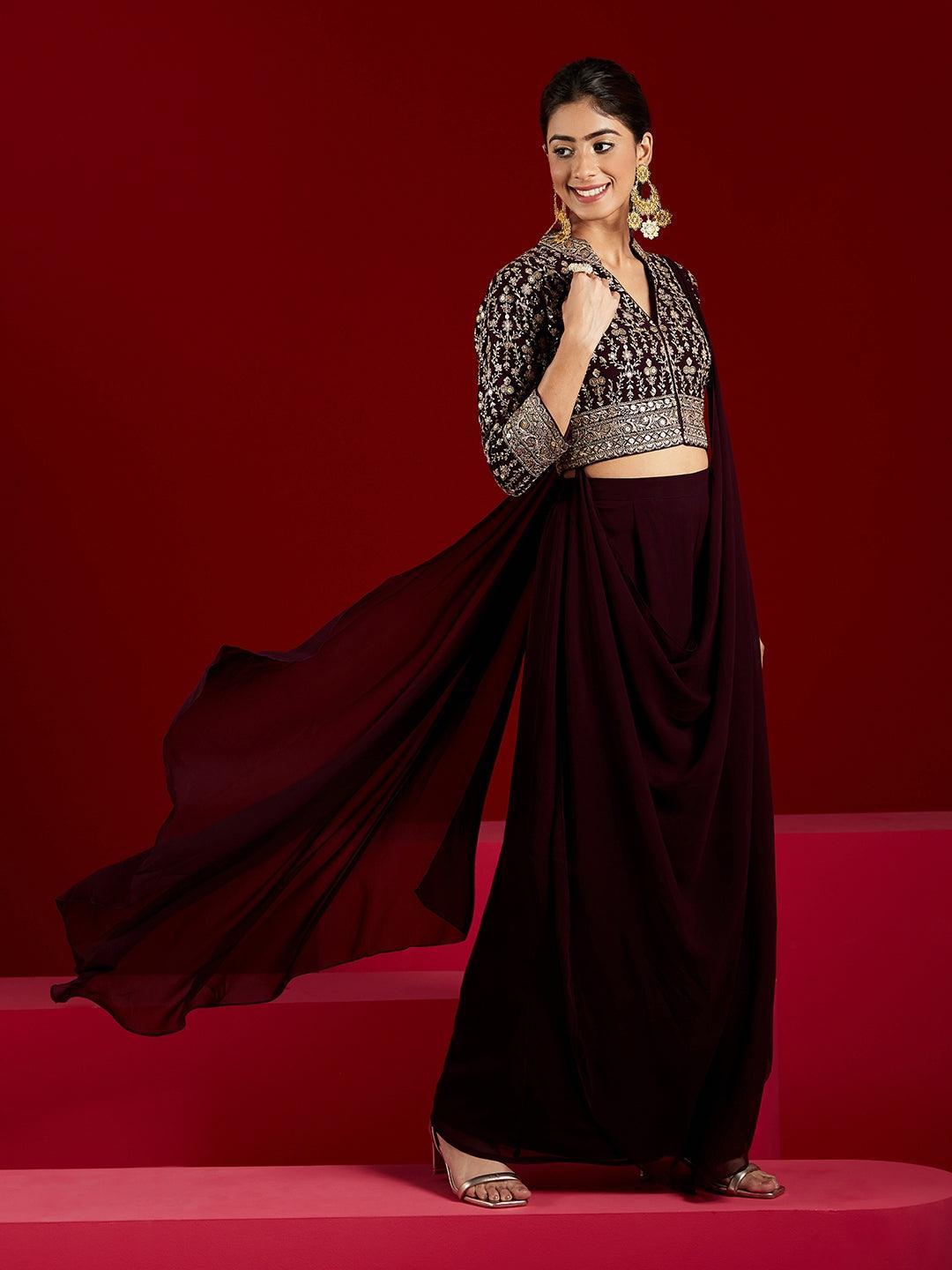 Libas Art Wine Embellished Georgette Top With Palazzos - ShopLibas