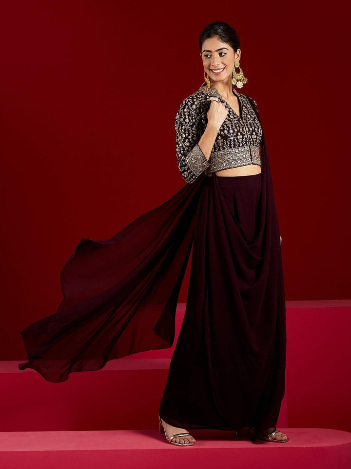 Libas Art Wine Embellished Georgette Top With Palazzos - ShopLibas