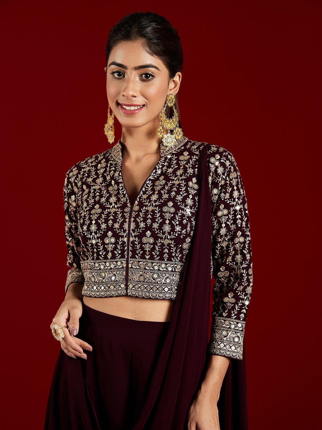Libas Art Wine Embellished Georgette Top With Palazzos - ShopLibas