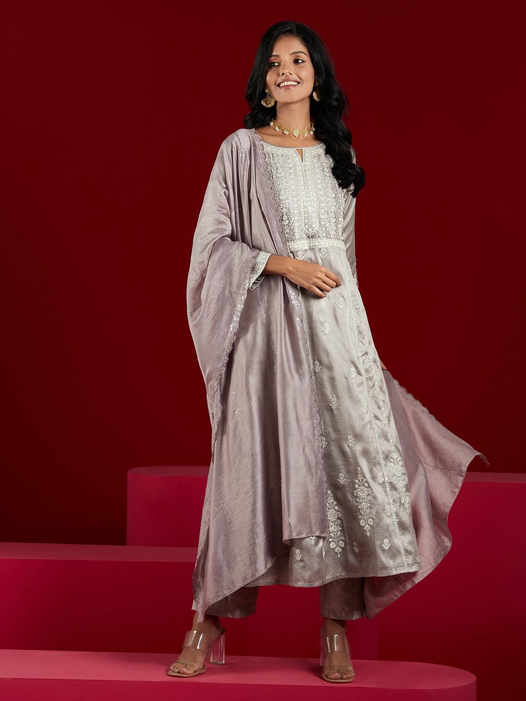 Libas Art Taupe Embroidered Silk Blend A-Line Kurta With Trousers & Dupatta - ShopLibas