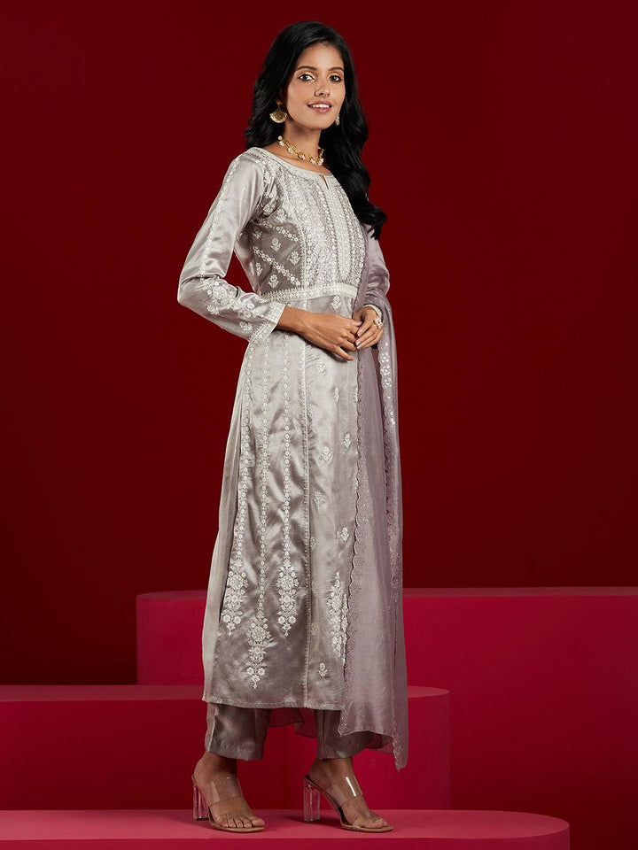 Libas Art Taupe Embroidered Silk Blend A-Line Kurta With Trousers & Dupatta - ShopLibas