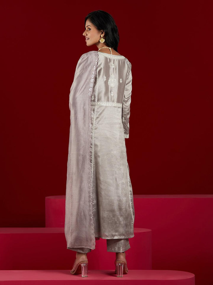 Libas Art Taupe Embroidered Silk Blend A-Line Kurta With Trousers & Dupatta - ShopLibas