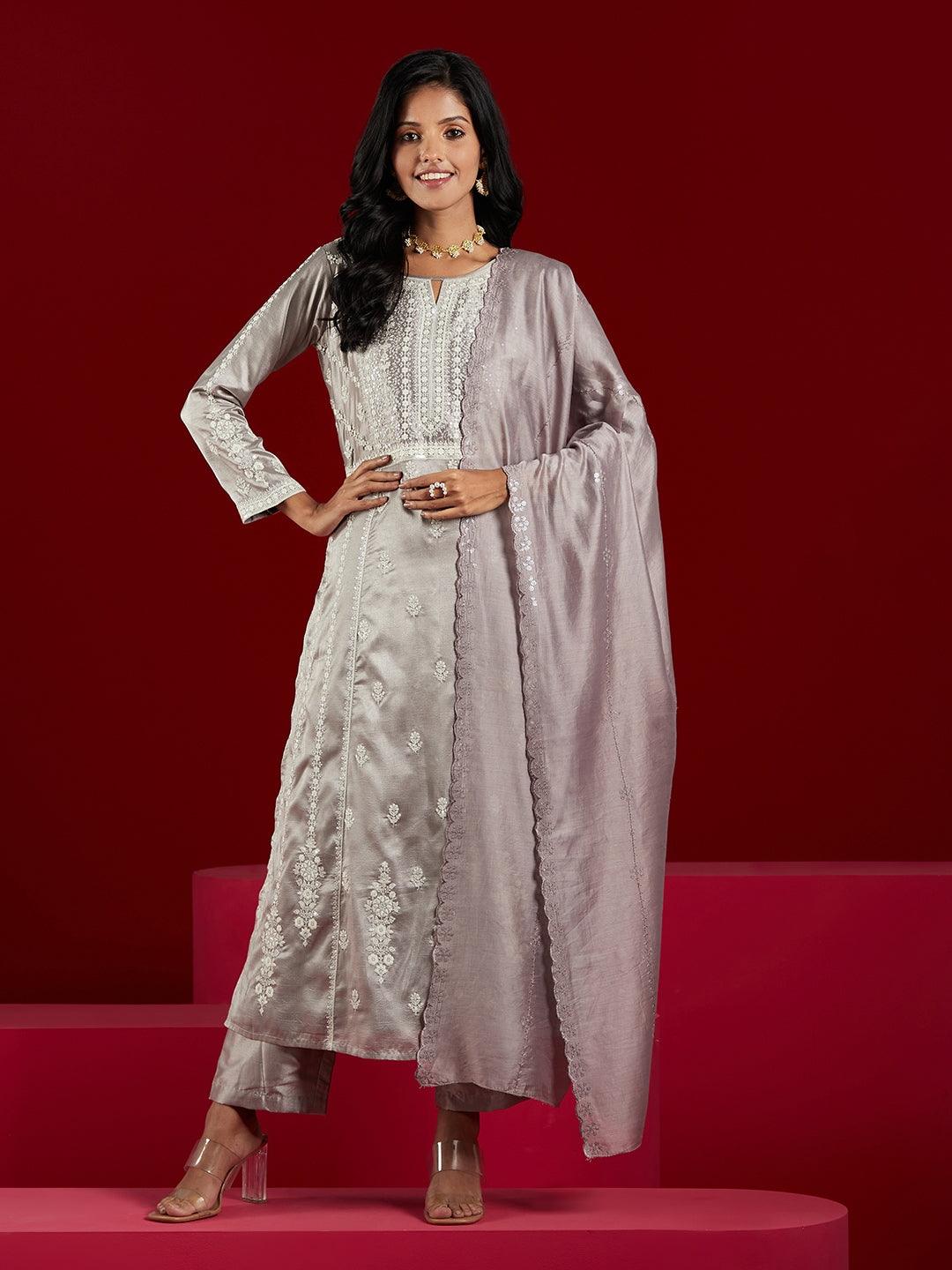 Libas Art Taupe Embroidered Silk Blend A-Line Kurta With Trousers & Dupatta - ShopLibas