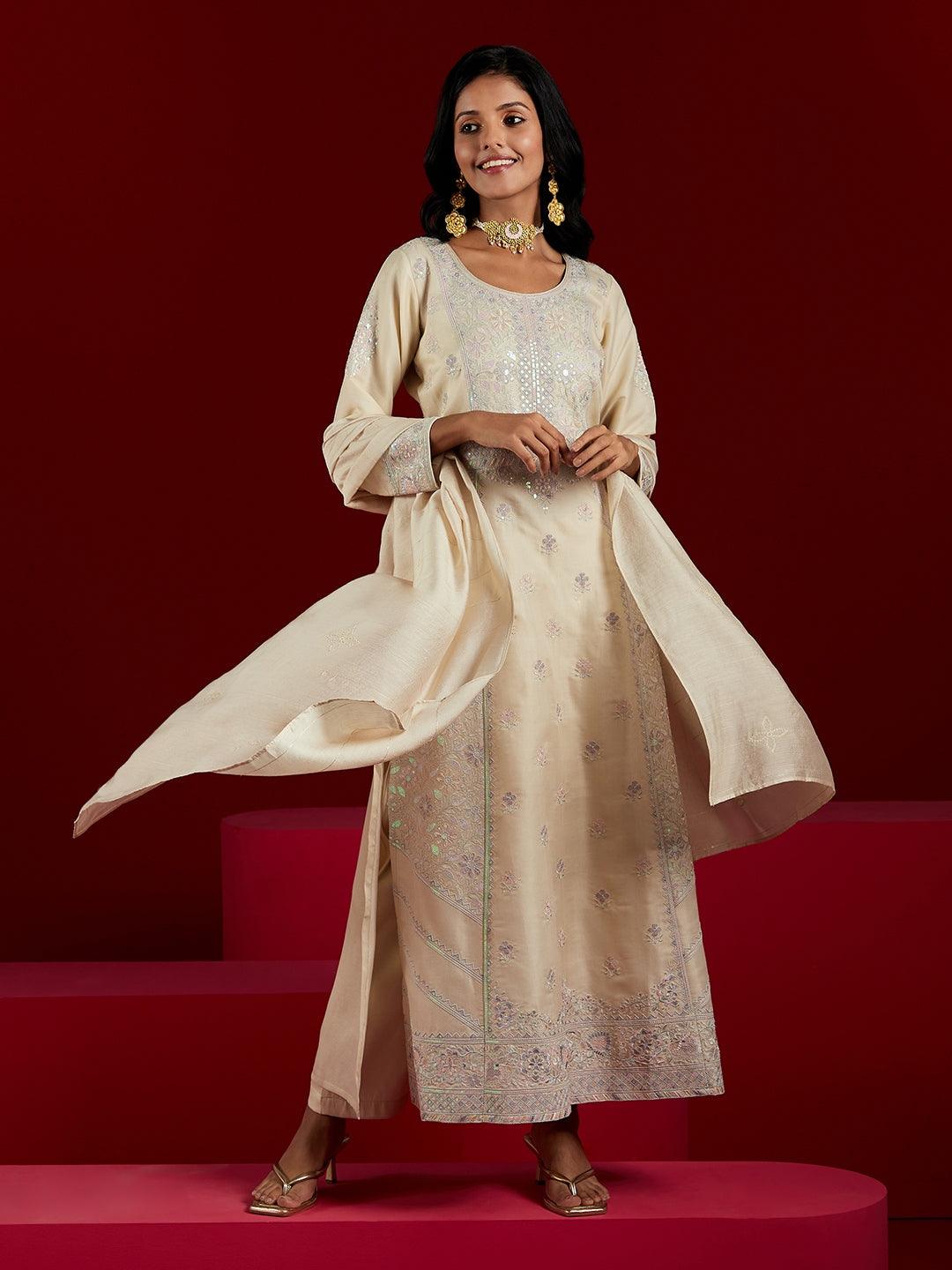 Libas Art Cream Embroidered Silk Blend A-Line Kurta With Trousers & Dupatta - ShopLibas
