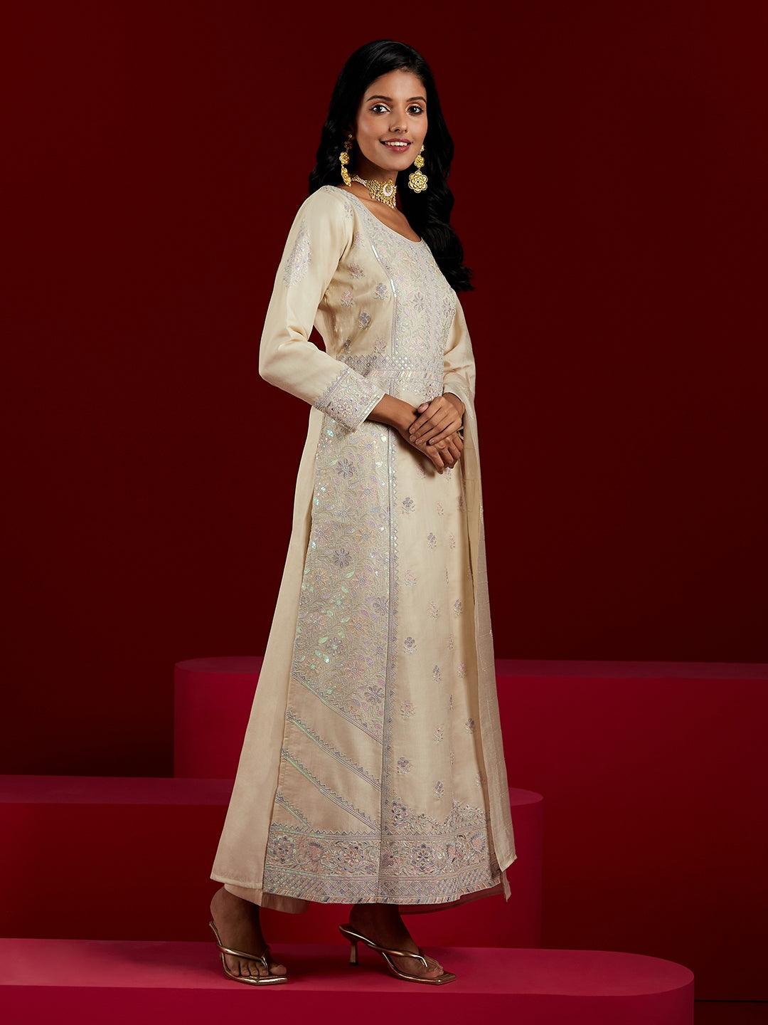 Libas Art Cream Embroidered Silk Blend A-Line Kurta With Trousers & Dupatta - ShopLibas