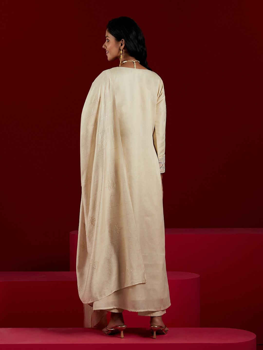 Libas Art Cream Embroidered Silk Blend A-Line Kurta With Trousers & Dupatta - ShopLibas