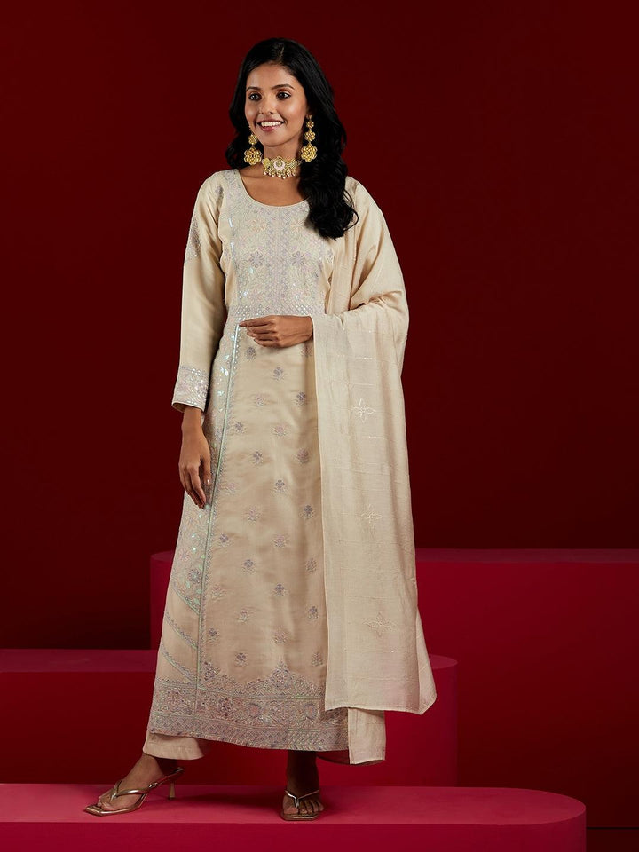 Libas Art Cream Embroidered Silk Blend A-Line Kurta With Trousers & Dupatta - ShopLibas