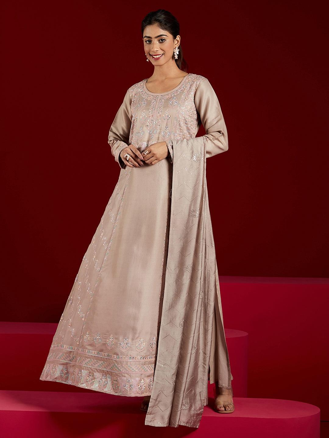 Libas Art Taupe Embroidered Silk Blend A-Line Kurta With Trousers & Dupatta - ShopLibas