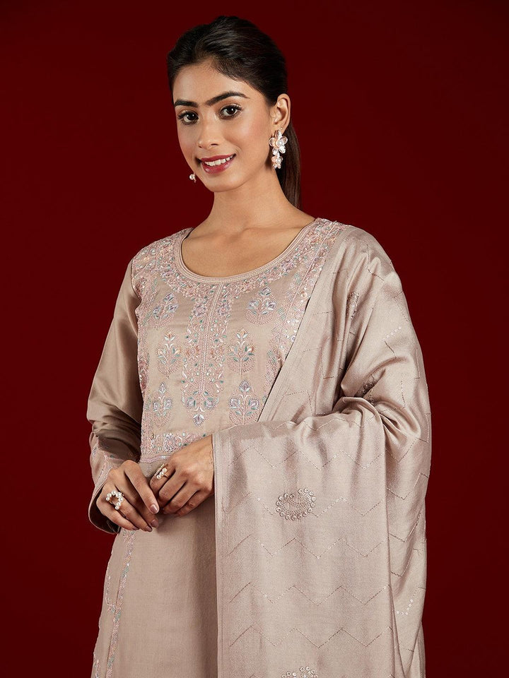 Libas Art Taupe Embroidered Silk Blend A-Line Kurta With Trousers & Dupatta - ShopLibas