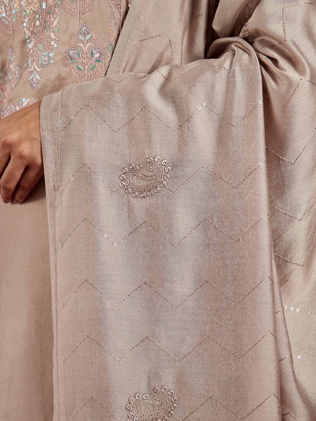 Libas Art Taupe Embroidered Silk Blend A-Line Kurta With Trousers & Dupatta - ShopLibas