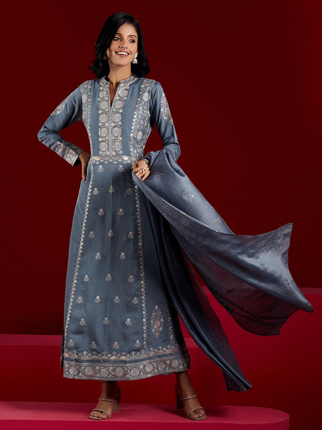 Libas Art Grey Embroidered Silk Blend A-Line Kurta With Trousers & Dupatta - ShopLibas