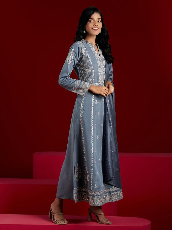 Libas Art Grey Embroidered Silk Blend A-Line Kurta With Trousers & Dupatta - ShopLibas