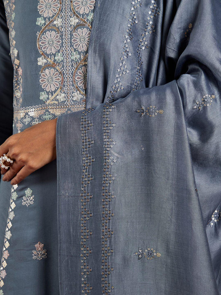 Libas Art Grey Embroidered Silk Blend A-Line Kurta With Trousers & Dupatta - ShopLibas