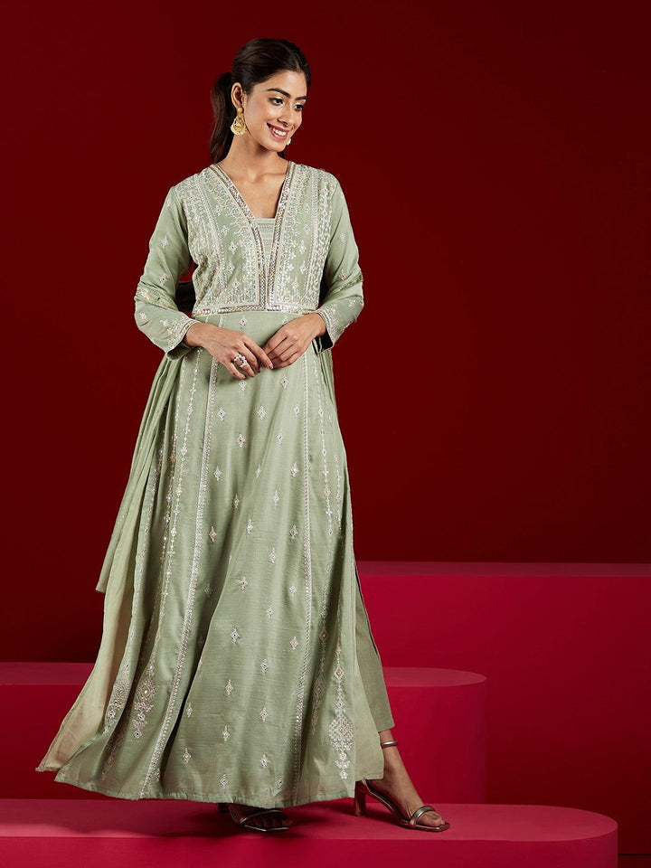 Libas Art Dusty Green Embroidered Silk Blend A-Line Kurta With Trousers & Dupatta - ShopLibas