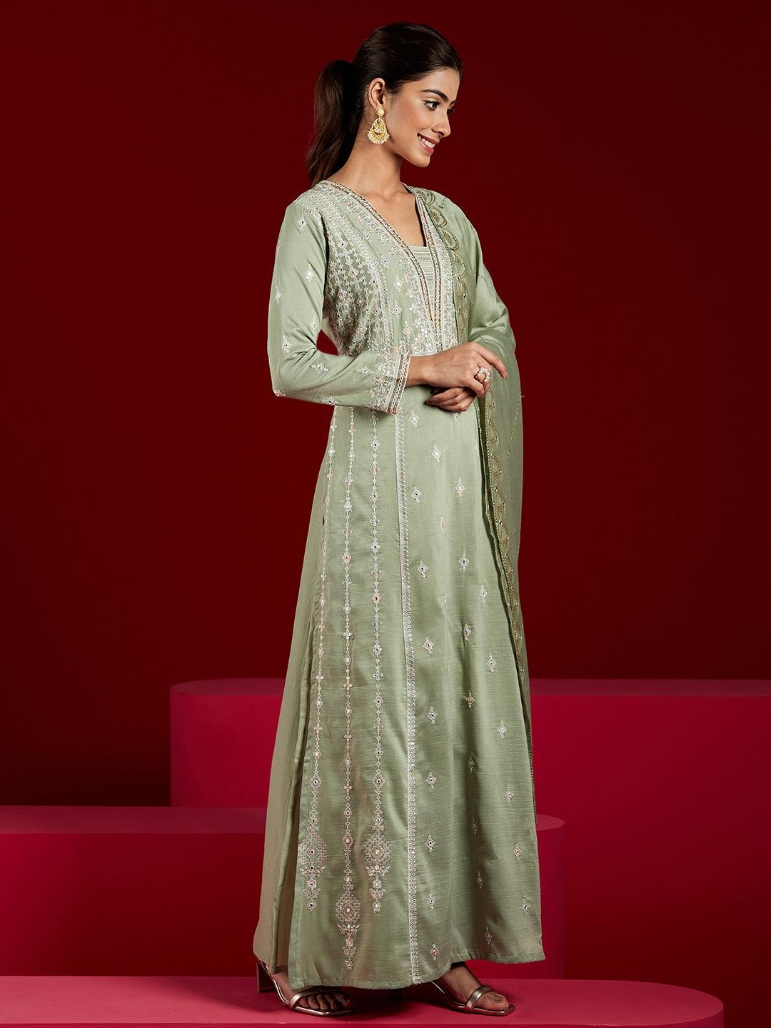 Libas Art Dusty Green Embroidered Silk Blend A-Line Kurta With Trousers & Dupatta - ShopLibas