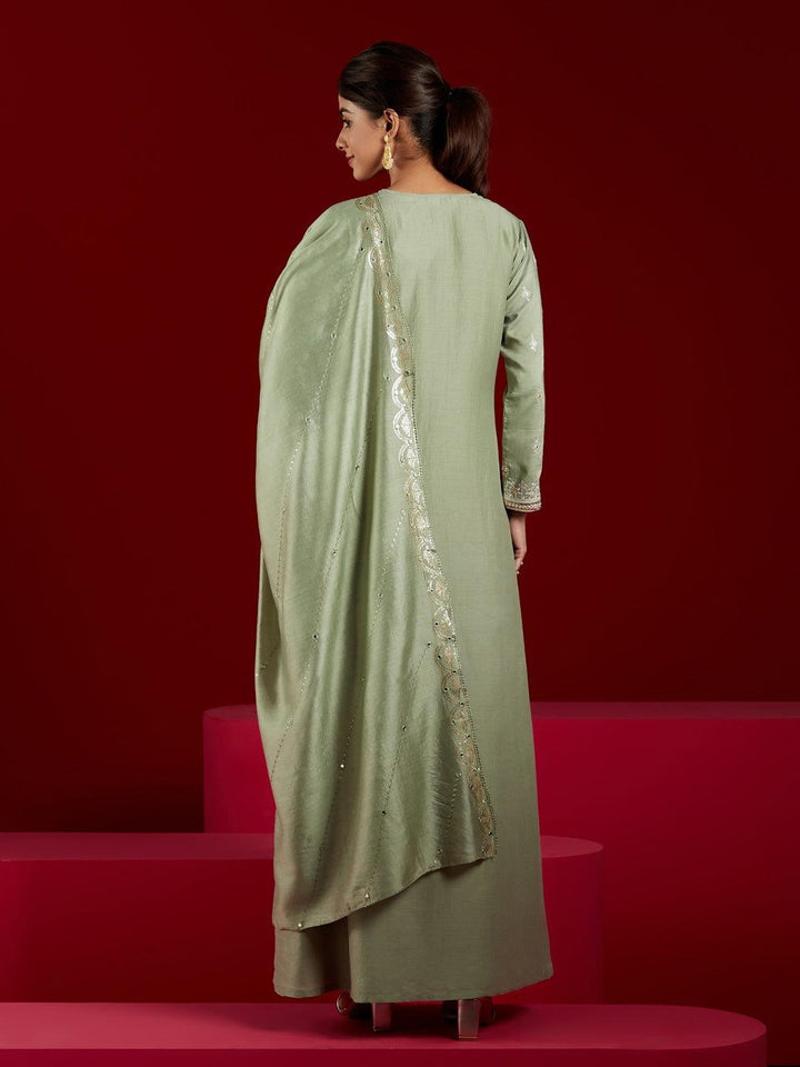 Libas Art Dusty Green Embroidered Silk Blend A-Line Kurta With Trousers & Dupatta - ShopLibas