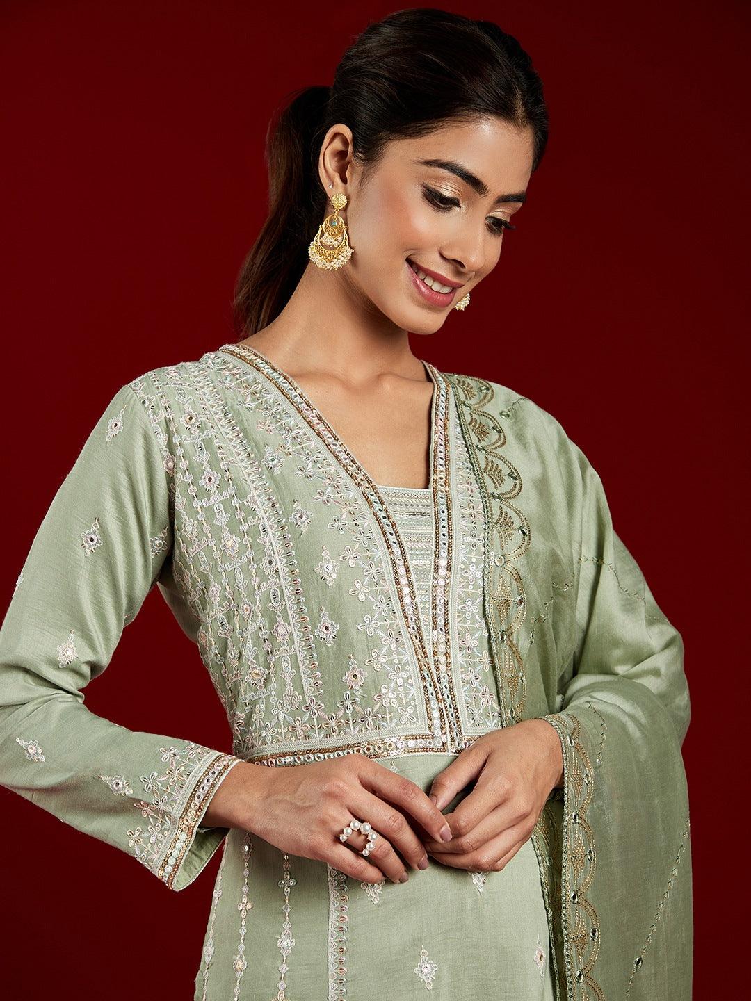 Libas Art Dusty Green Embroidered Silk Blend A-Line Kurta With Trousers & Dupatta - ShopLibas