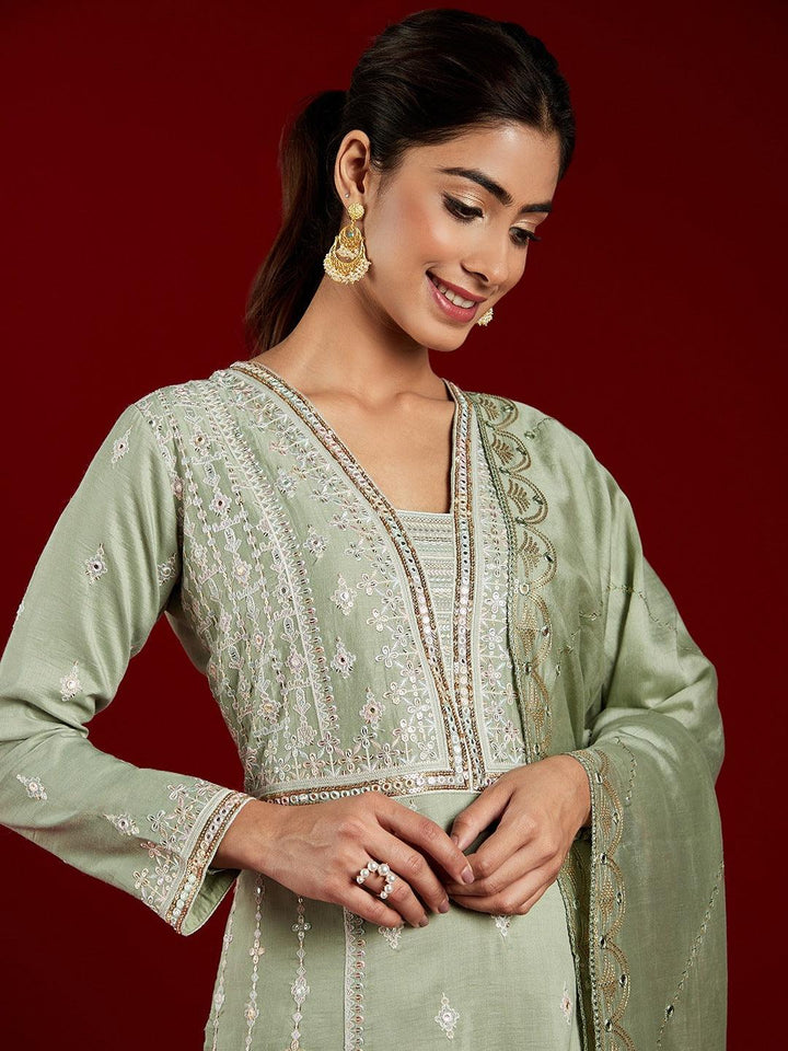 Libas Art Dusty Green Embroidered Silk Blend A-Line Kurta With Trousers & Dupatta - ShopLibas