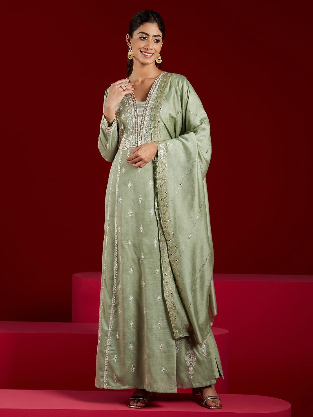 Libas Art Dusty Green Embroidered Silk Blend A-Line Kurta With Trousers & Dupatta - ShopLibas