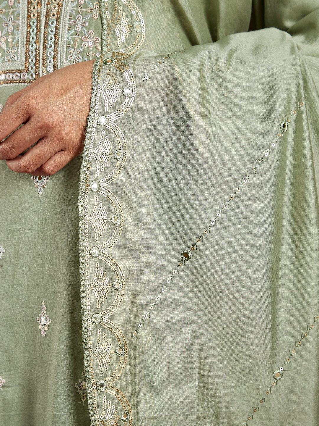 Libas Art Dusty Green Embroidered Silk Blend A-Line Kurta With Trousers & Dupatta - ShopLibas