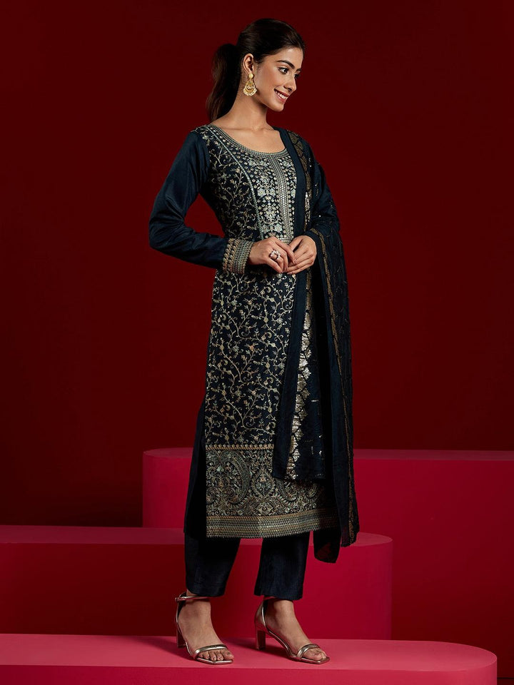 Libas Art Navy Blue Embroidered Silk Blend Straight Kurta With Trousers & Dupatta - ShopLibas