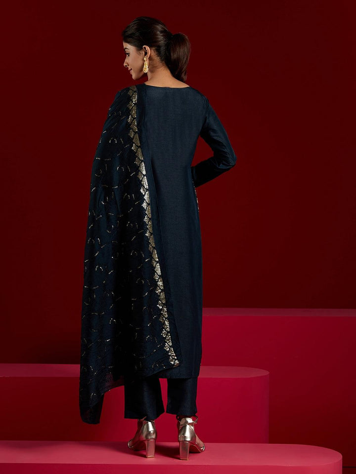 Libas Art Navy Blue Embroidered Silk Blend Straight Kurta With Trousers & Dupatta - ShopLibas