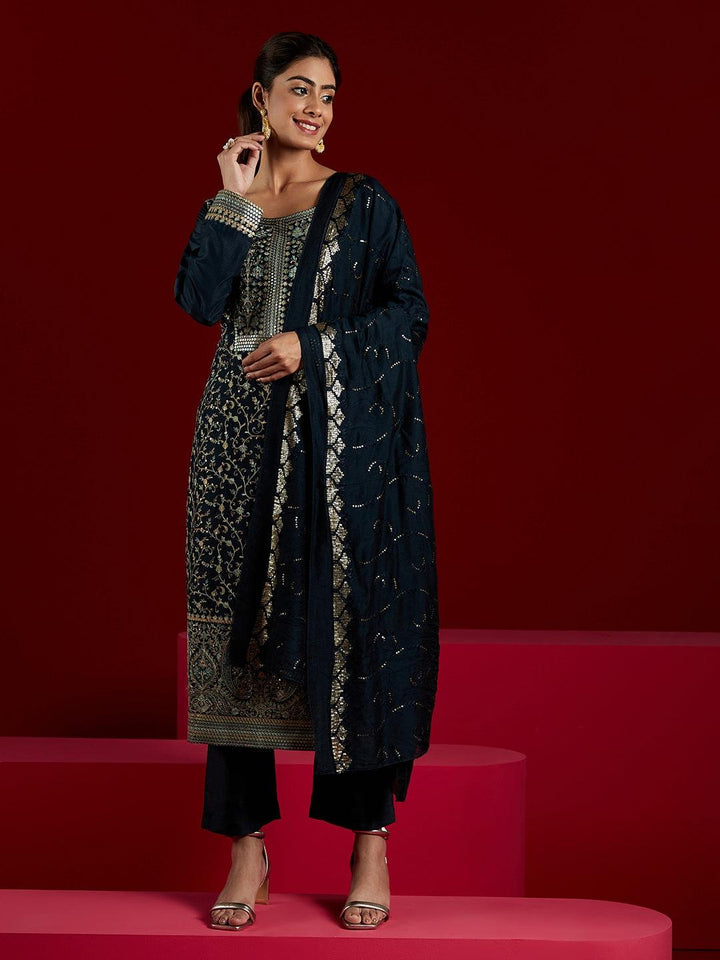 Libas Art Navy Blue Embroidered Silk Blend Straight Kurta With Trousers & Dupatta - ShopLibas