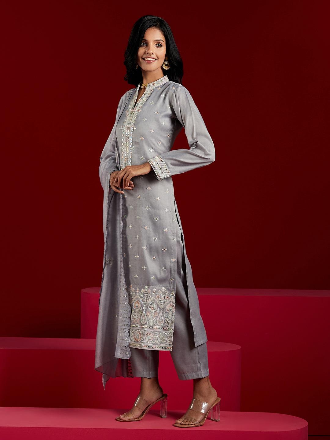 Libas Art Grey Embroidered Silk Blend Straight Kurta With Trousers & Dupatta - ShopLibas