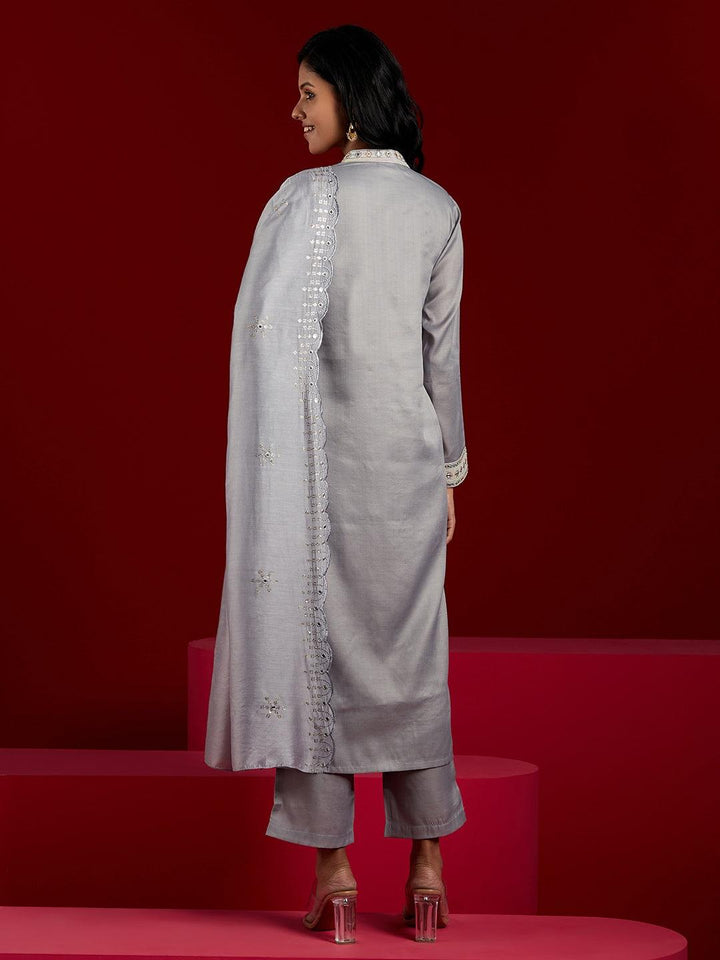 Libas Art Grey Embroidered Silk Blend Straight Kurta With Trousers & Dupatta - ShopLibas
