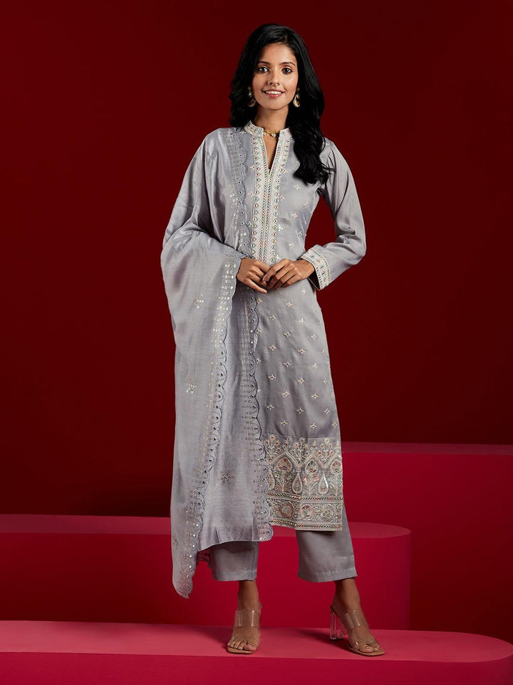 Libas Art Grey Embroidered Silk Blend Straight Kurta With Trousers & Dupatta - ShopLibas