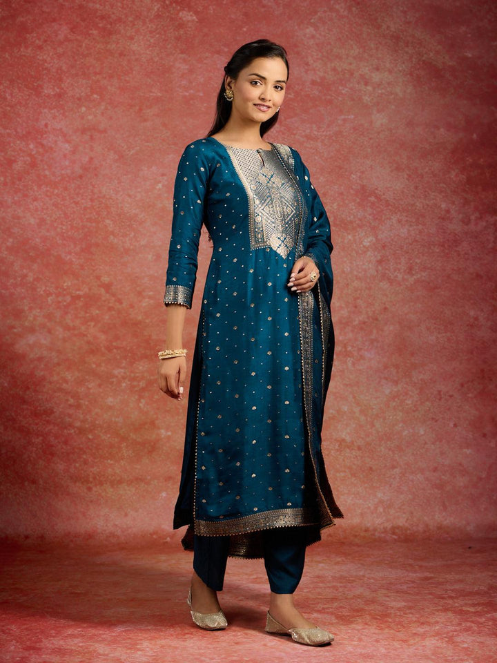 Teal Woven Design Silk Straight Kurta With Trousers & Dupatta - ShopLibas