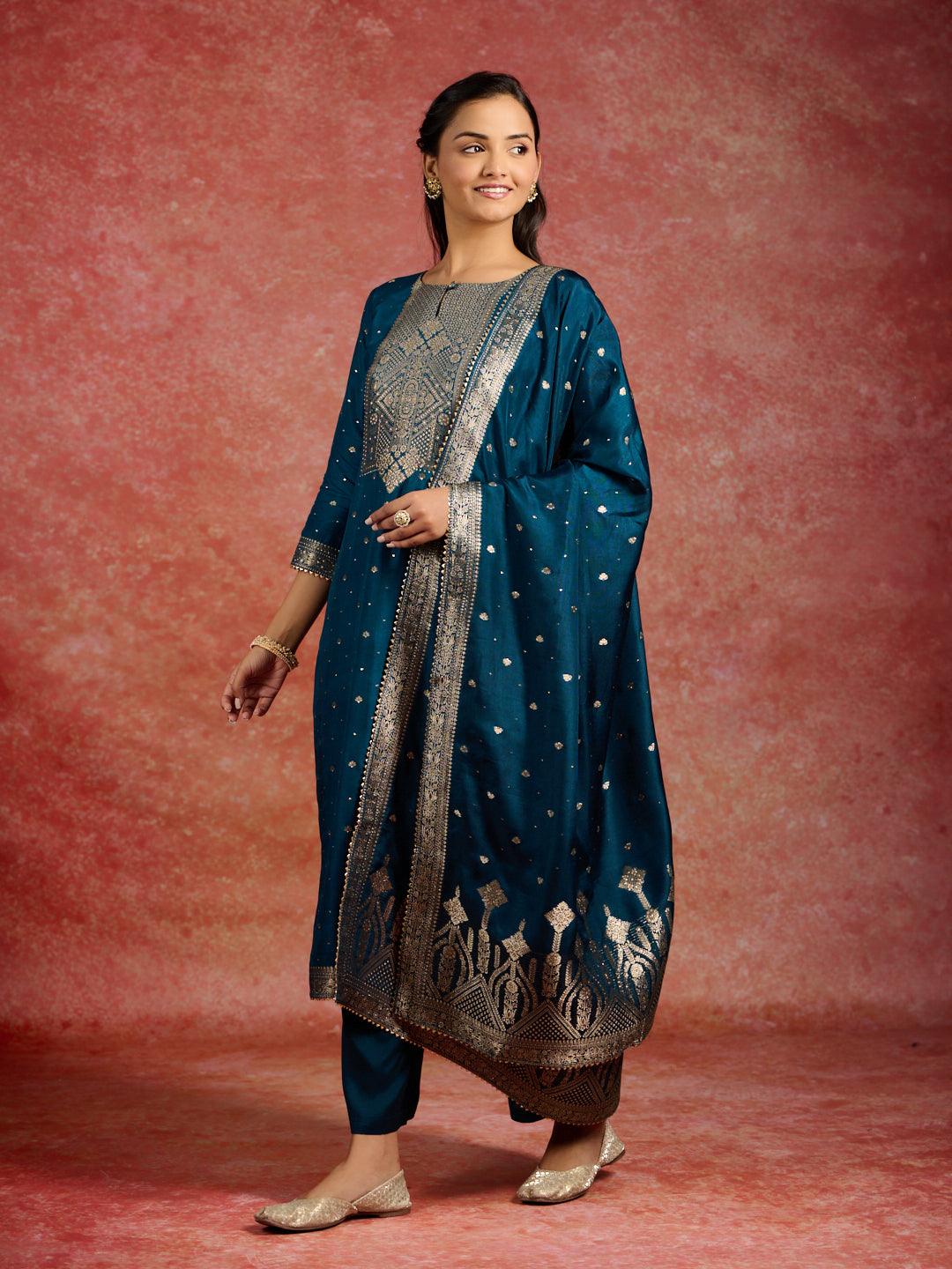 Teal Woven Design Silk Straight Kurta With Trousers & Dupatta - ShopLibas