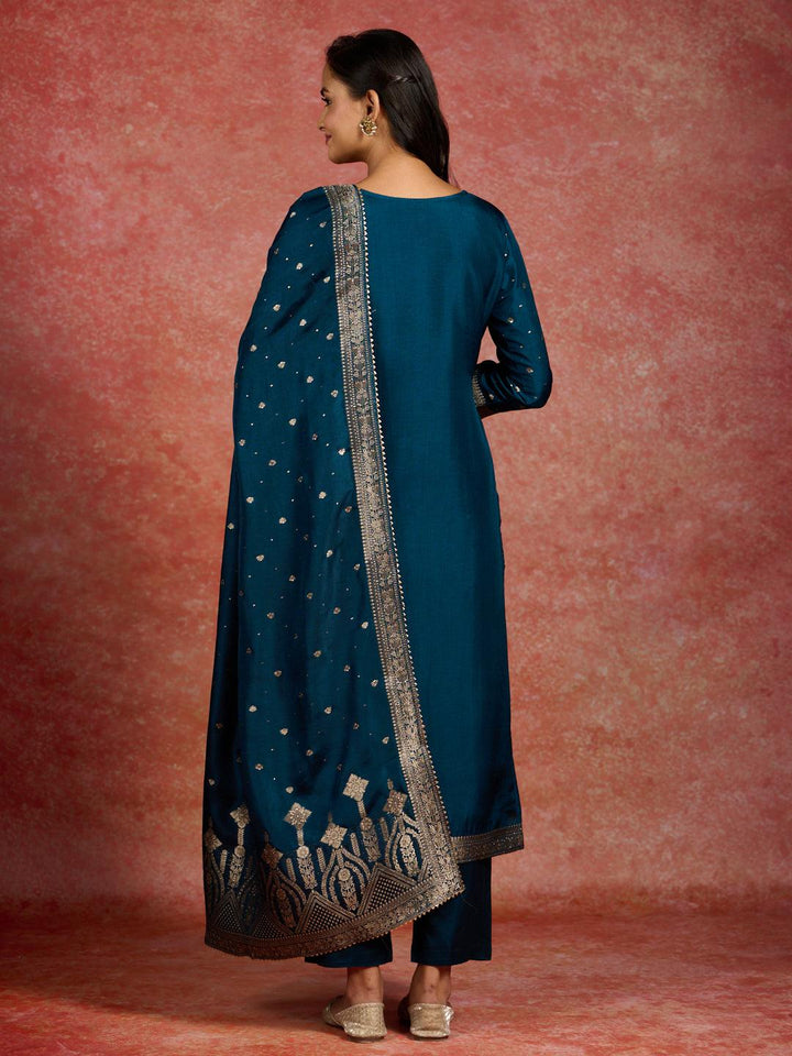 Teal Woven Design Silk Straight Kurta With Trousers & Dupatta - ShopLibas