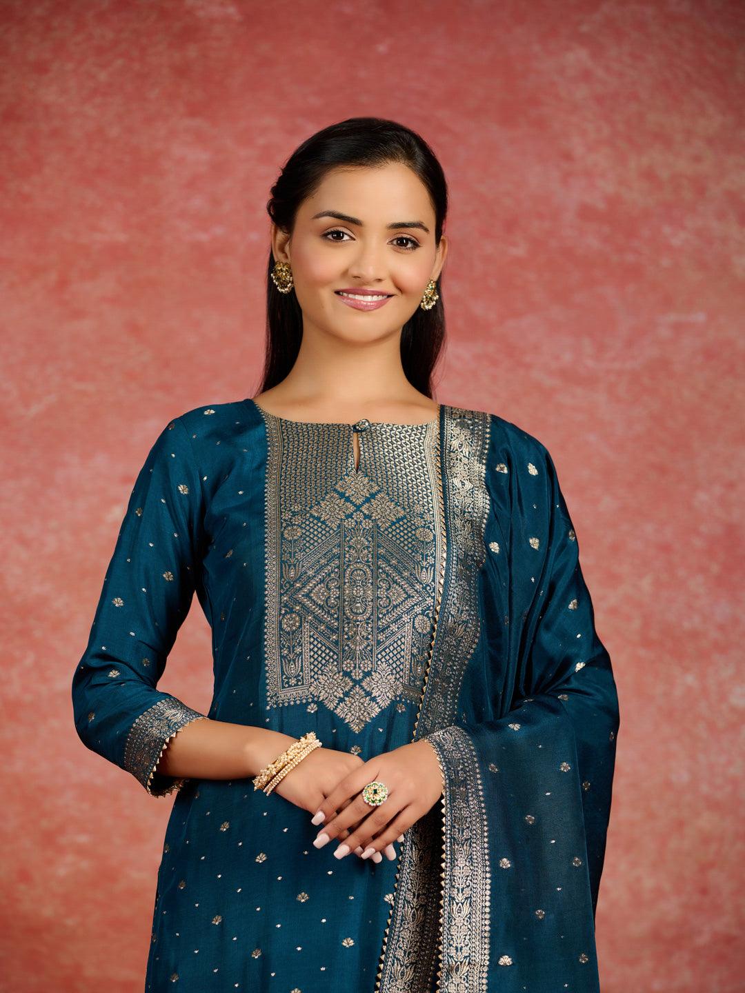 Teal Woven Design Silk Straight Kurta With Trousers & Dupatta - ShopLibas