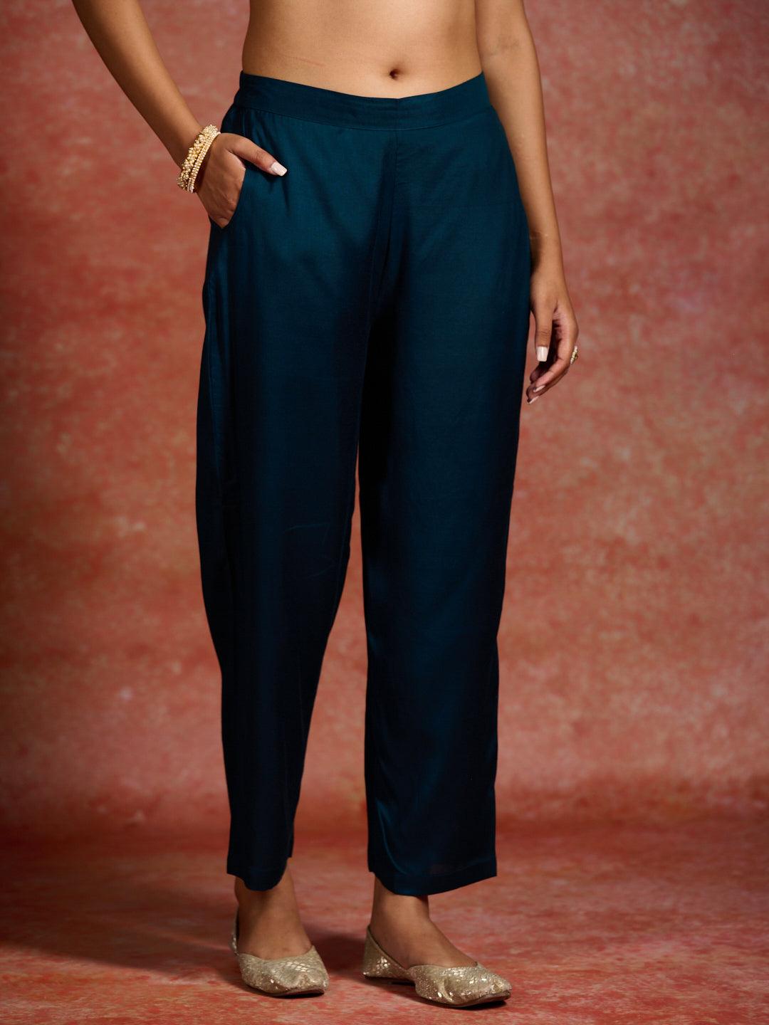 Teal Woven Design Silk Straight Kurta With Trousers & Dupatta - ShopLibas