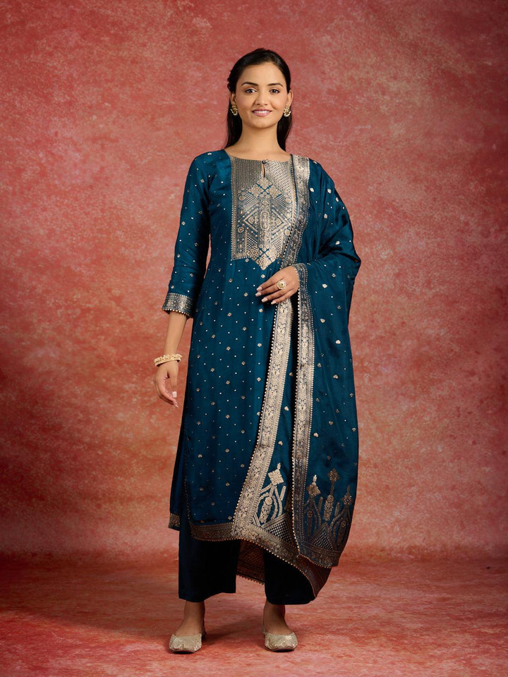 Teal Woven Design Silk Straight Kurta With Trousers & Dupatta - ShopLibas