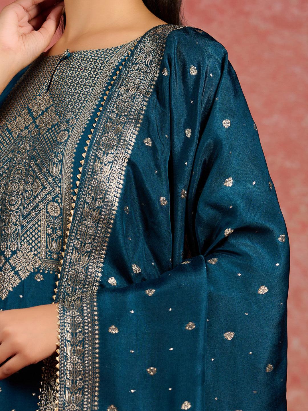 Teal Woven Design Silk Straight Kurta With Trousers & Dupatta - ShopLibas