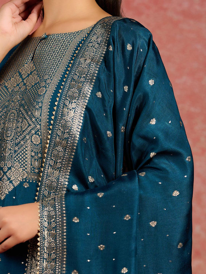 Teal Woven Design Silk Straight Kurta With Trousers & Dupatta - ShopLibas