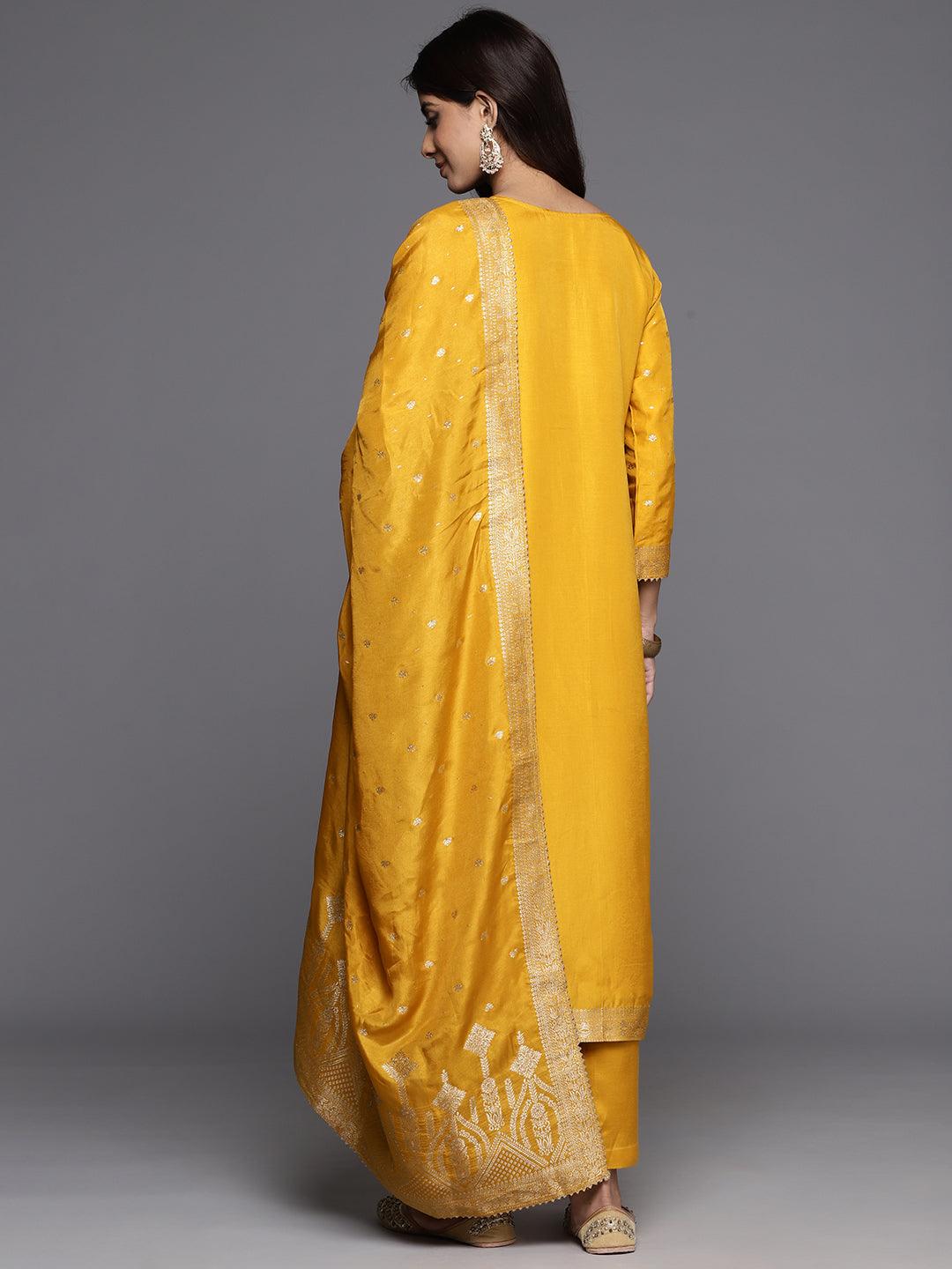 Yellow Woven Design Silk Straight Kurta With Trousers & Dupatta - ShopLibas