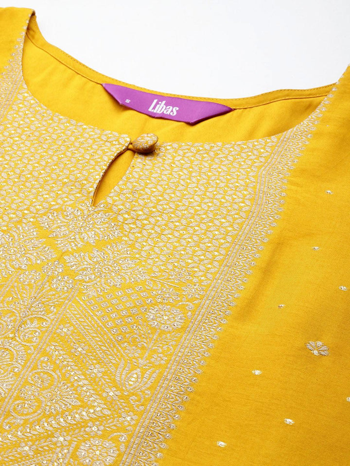 Yellow Woven Design Silk Straight Kurta With Trousers & Dupatta - ShopLibas