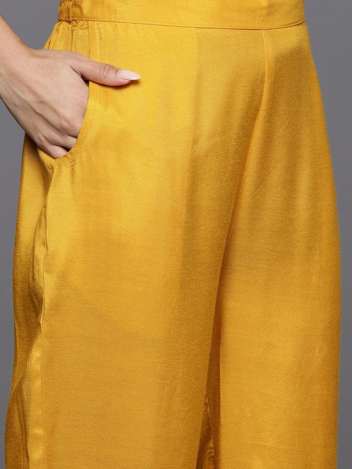 Yellow Woven Design Silk Straight Kurta With Trousers & Dupatta - ShopLibas