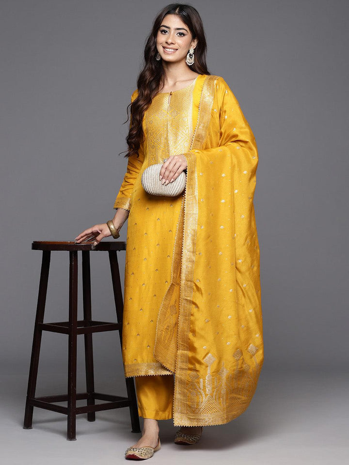 Yellow Woven Design Silk Straight Kurta With Trousers & Dupatta - ShopLibas