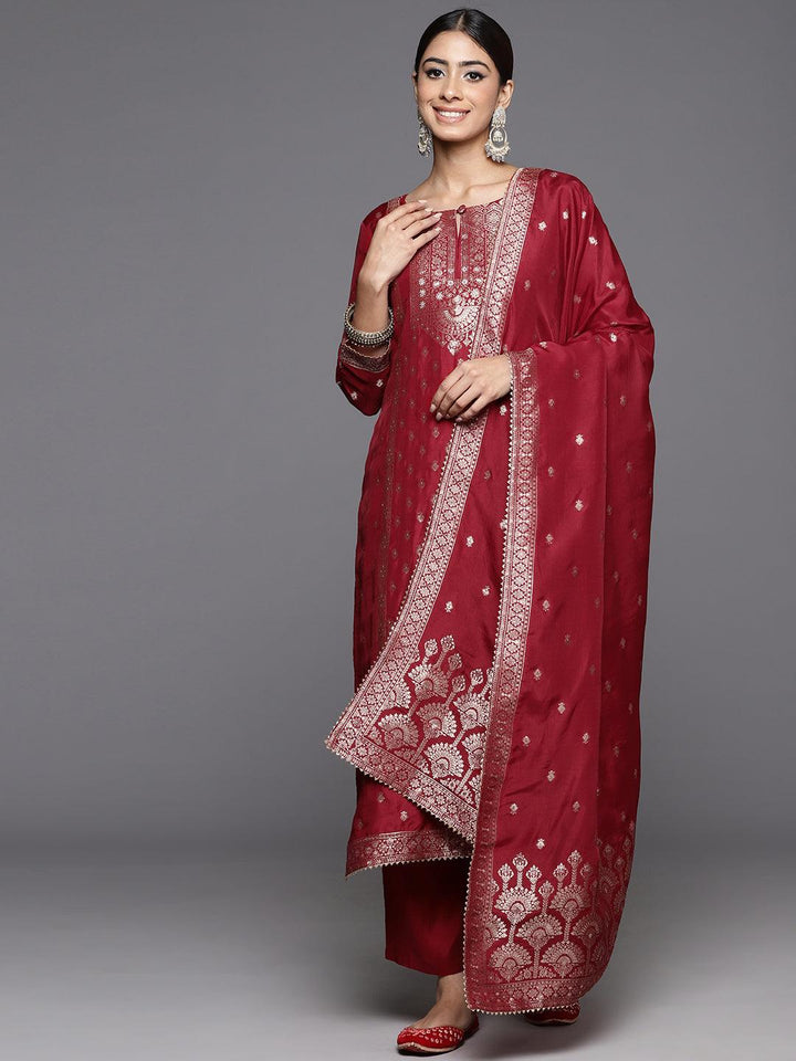 Maroon Woven Design Silk Straight Kurta With Trousers & Dupatta - ShopLibas