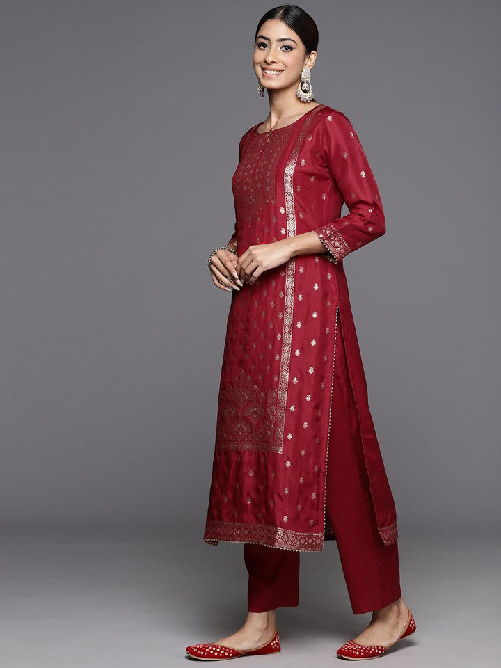 Maroon Woven Design Silk Straight Kurta With Trousers & Dupatta - ShopLibas