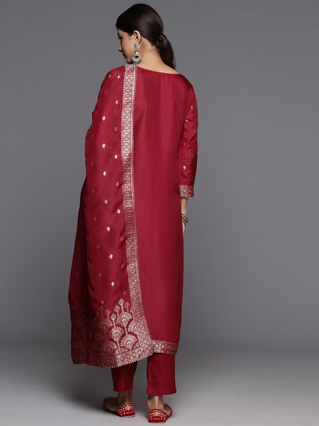 Maroon Woven Design Silk Straight Kurta With Trousers & Dupatta - ShopLibas