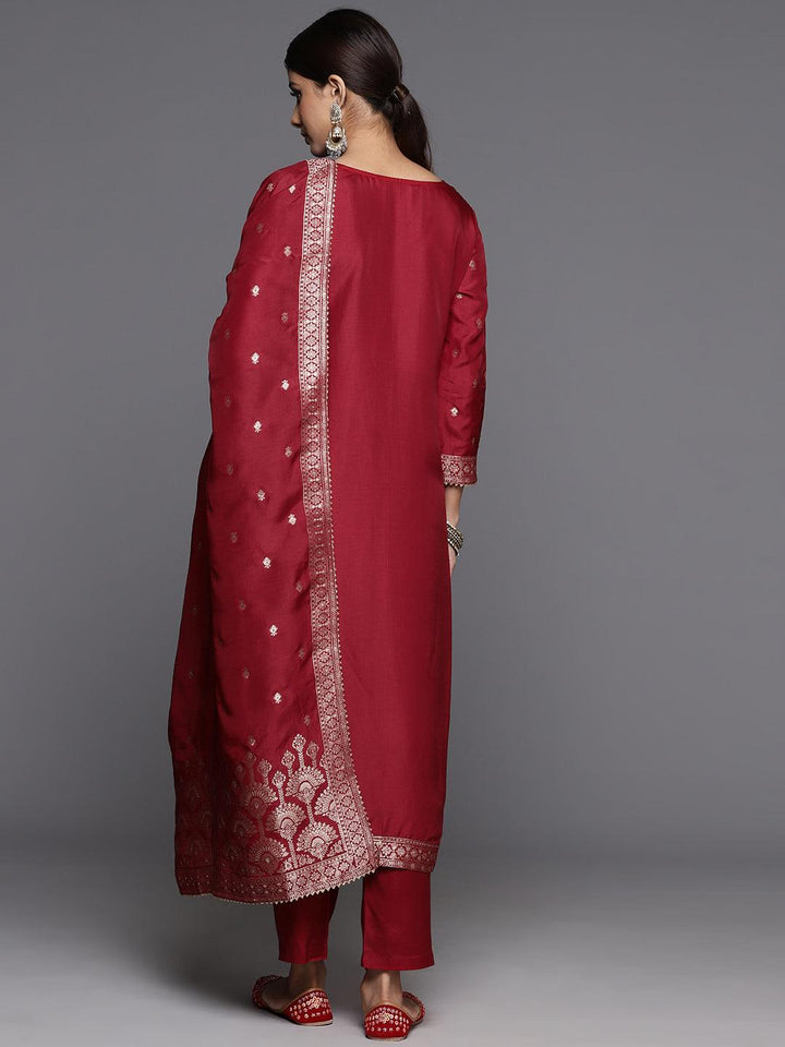 Maroon Woven Design Silk Straight Kurta With Trousers & Dupatta - ShopLibas