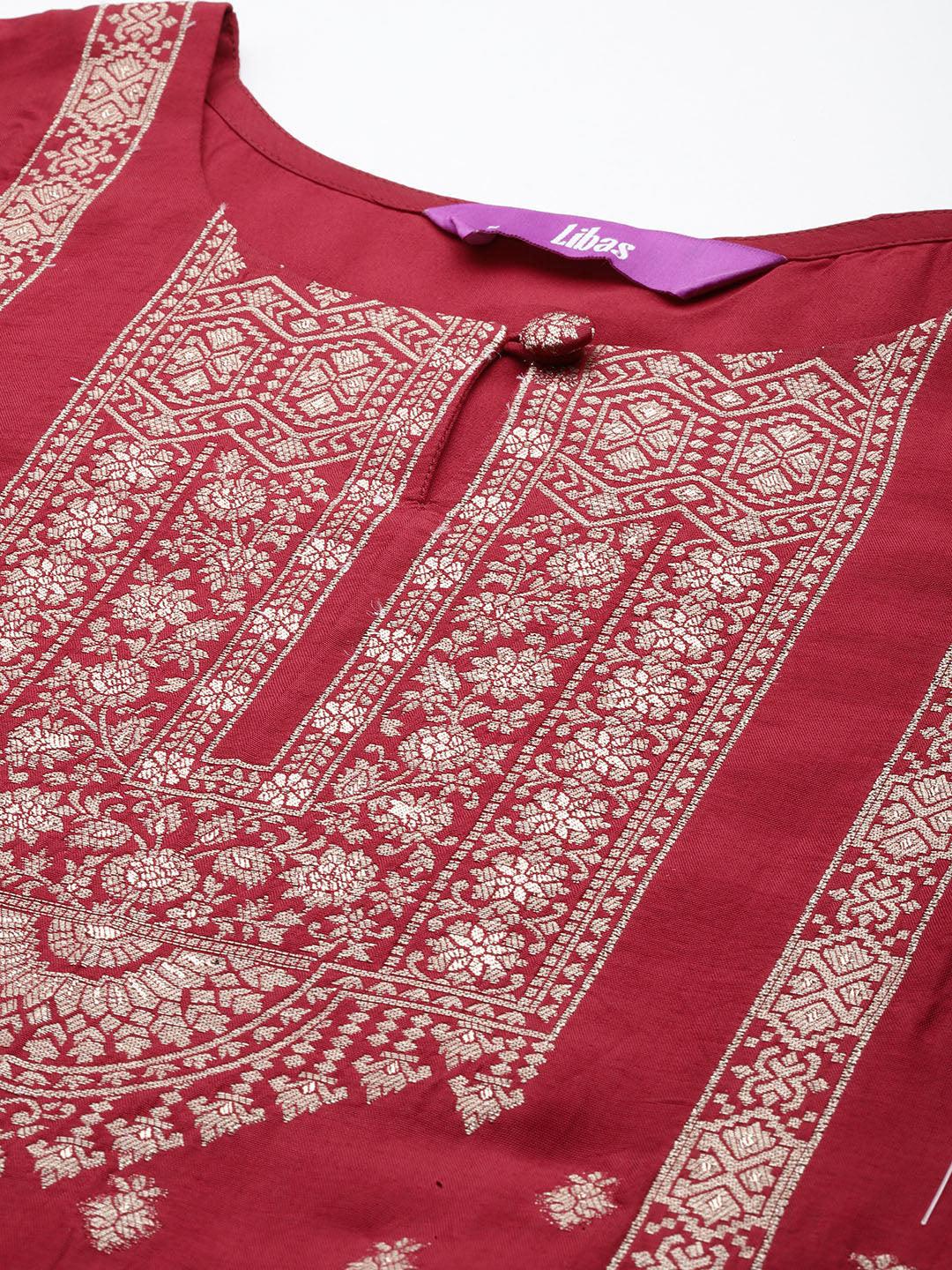 Maroon Woven Design Silk Straight Kurta With Trousers & Dupatta - ShopLibas