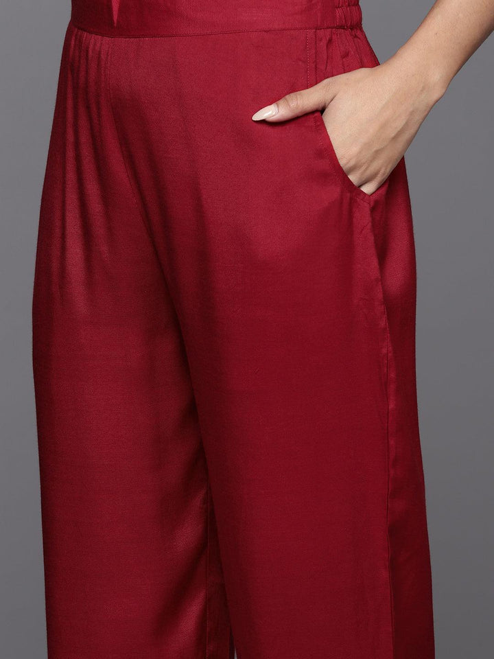 Maroon Woven Design Silk Straight Kurta With Trousers & Dupatta - ShopLibas