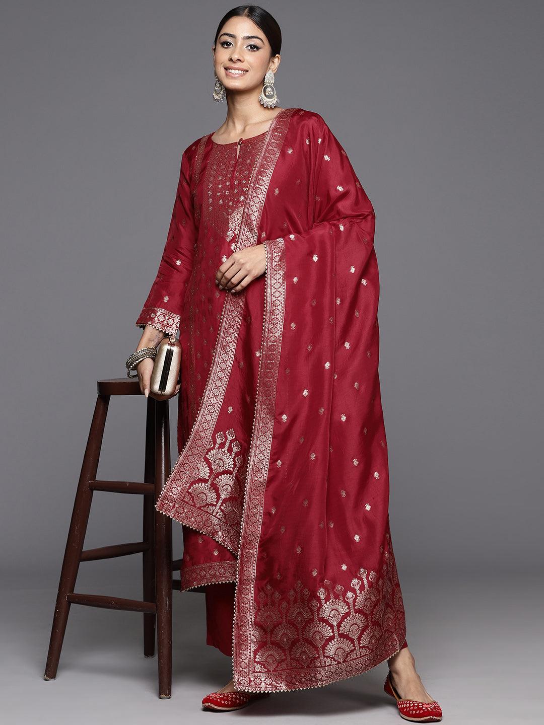 Maroon Woven Design Silk Straight Kurta With Trousers & Dupatta - ShopLibas